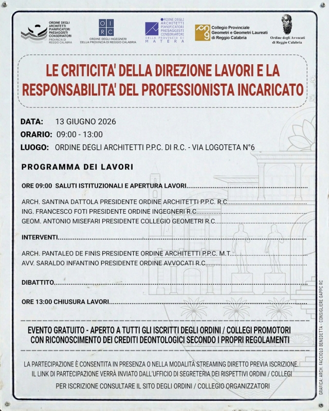 Seminario di deontologia gratuito - modalità presenza o distanza - “Le criticità della direzione lavori e la responsabilità del professionista incaricato”