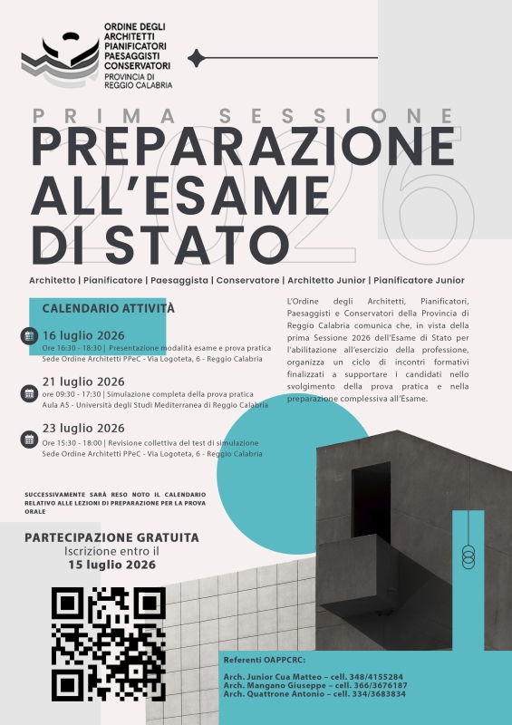 Attività di preparazione all’Esame di Stato – Prova Pratica Architetto, Pianificatore, Paesaggista, Conservatore, Architetto Junior e Pianificatore Junior - Sessione I - Luglio 2026